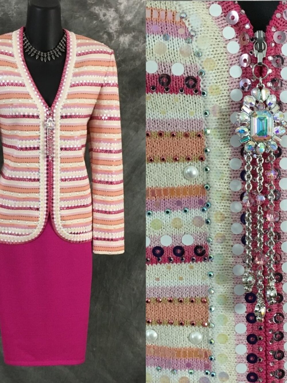 BEAUTIFUL st john evening knit pink pearl rhinestones embellished skirt suit 4 6